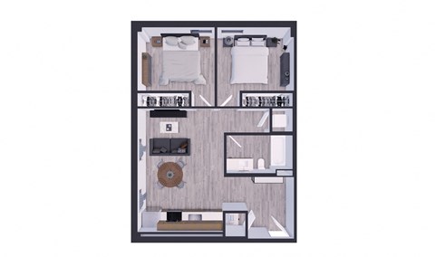 Pet-Friendly Apartments In Miami Beach, FL – The Anamar at Collins Park – 3D Floorplan of our 2 Bedroom 1 Bathroom 787-804 Sq. Ft. Apartment